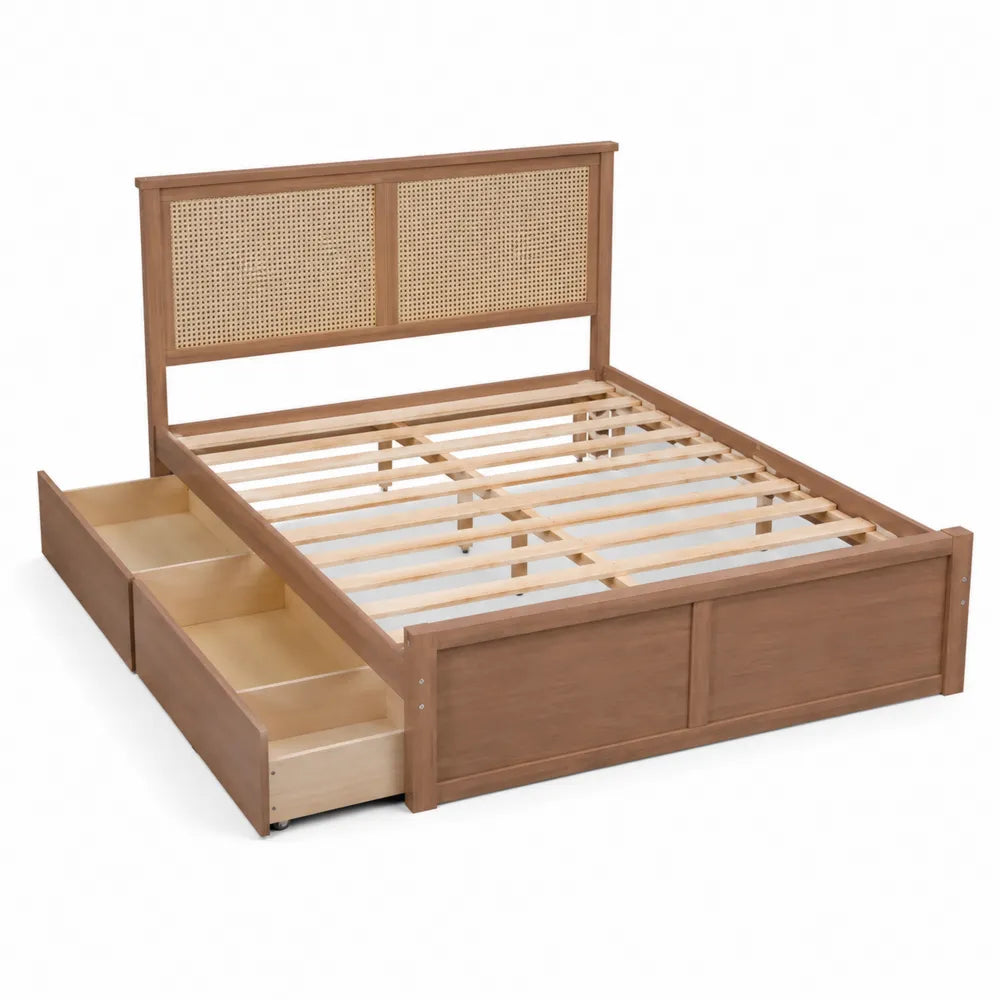 Lit double en bois avec tête de lit en osier et tiroirs