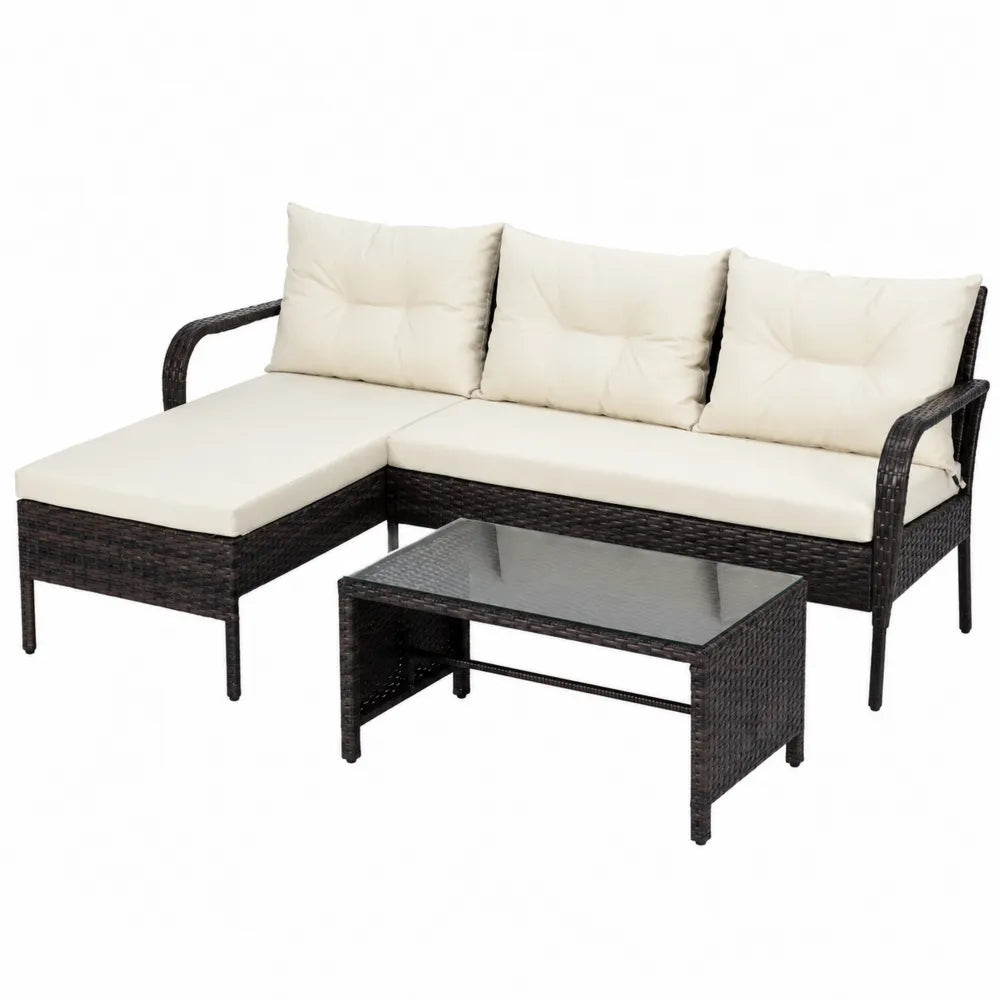 Ensemble en Résine Tressée Noir et Beige avec Table en Verre Trempé