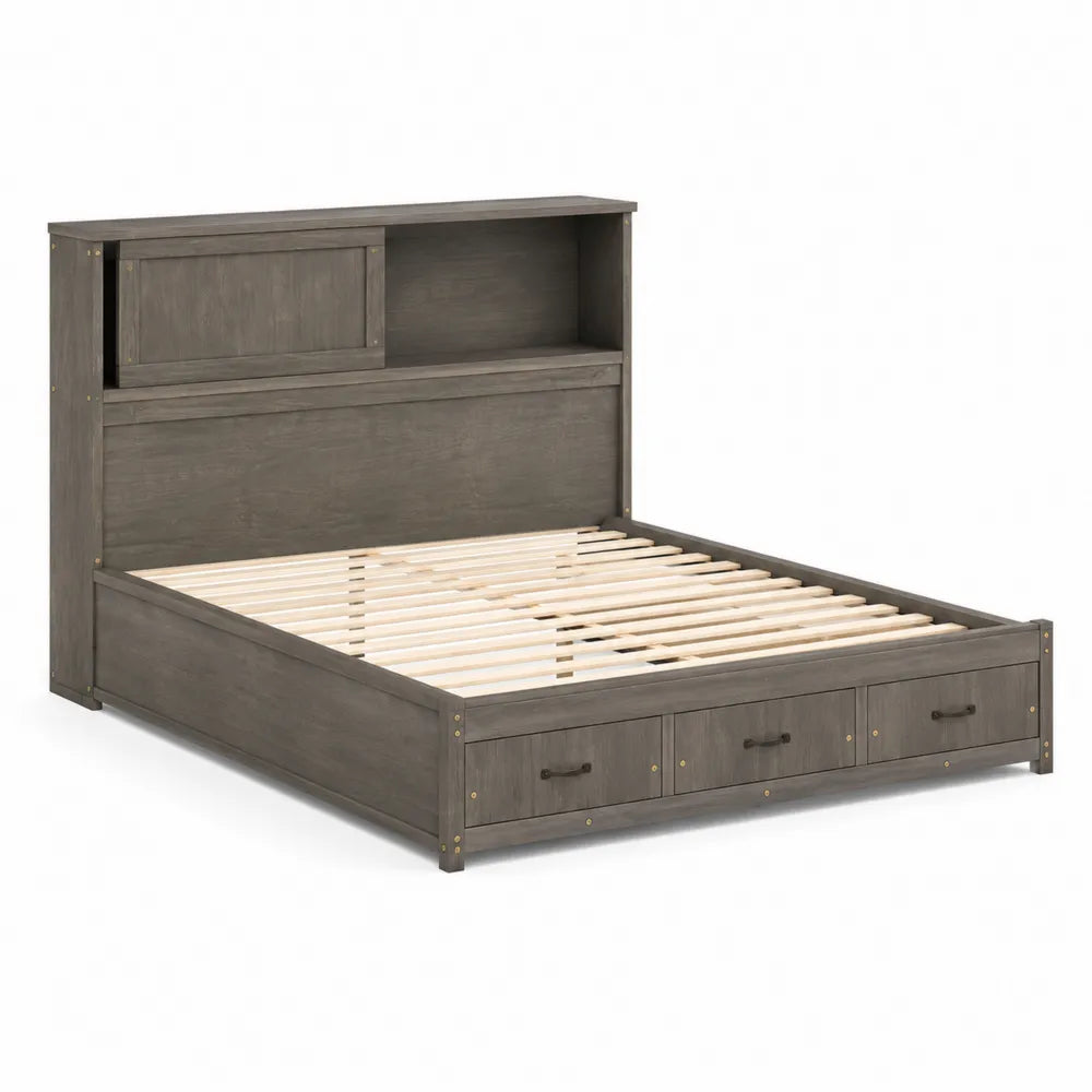 Lit plateforme en bois massif gris avec rangements intégrés