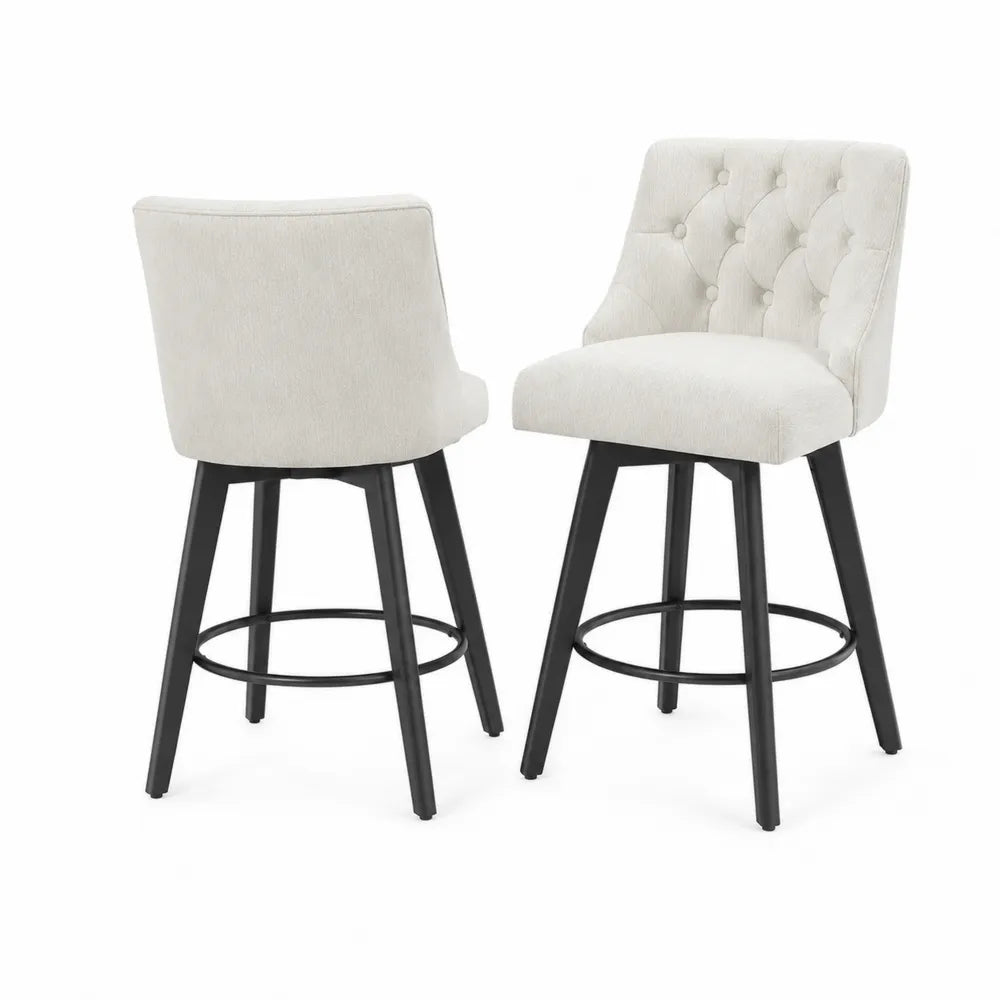 Tabourets de bar pivotants en tissu crème et métal noir