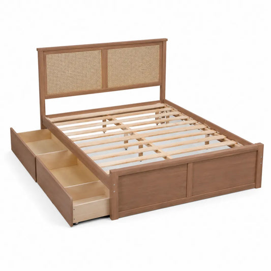 Lit double en bois avec tête de lit en osier et tiroirs