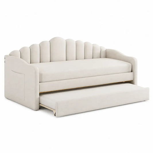 Lit gigogne en bois avec revêtement en velours Beige