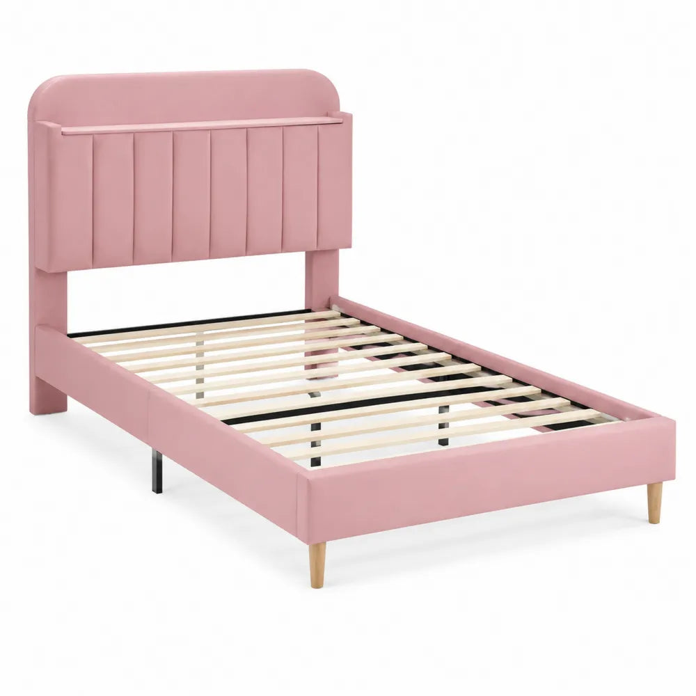 Lit simple en bois et tissu polyester rose avec tête de lit rembourrée