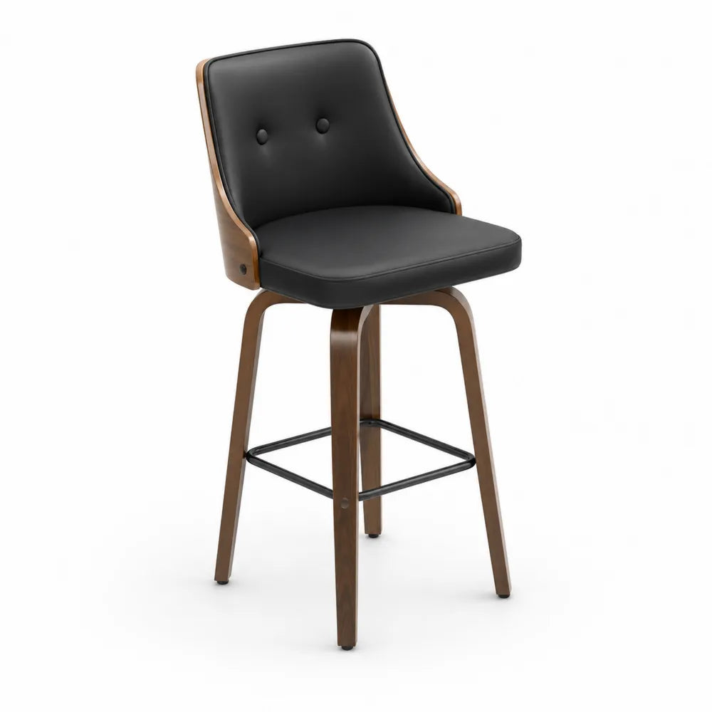 Tabouret de bar pivotant en cuir synthétique noir et bois